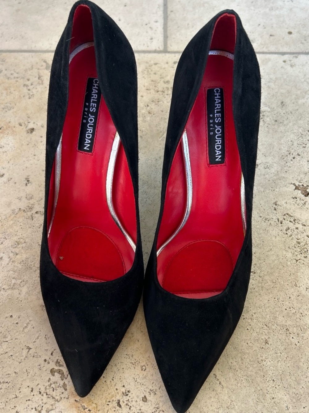 Charles Jourdan Black Suede Pointed Pumps with Red Insole